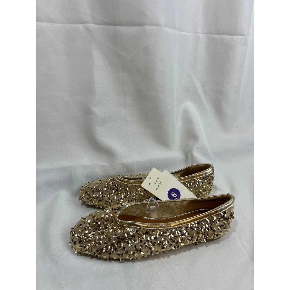 A‎ New Day Womens Gold Sequin Ballet Flats Memory Foam Slip On Shoes Size 6 NEW